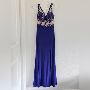 Bondie Nites Elegant Royal Blue Lace Bodice Evening Dress - Sleeveless V-Neck